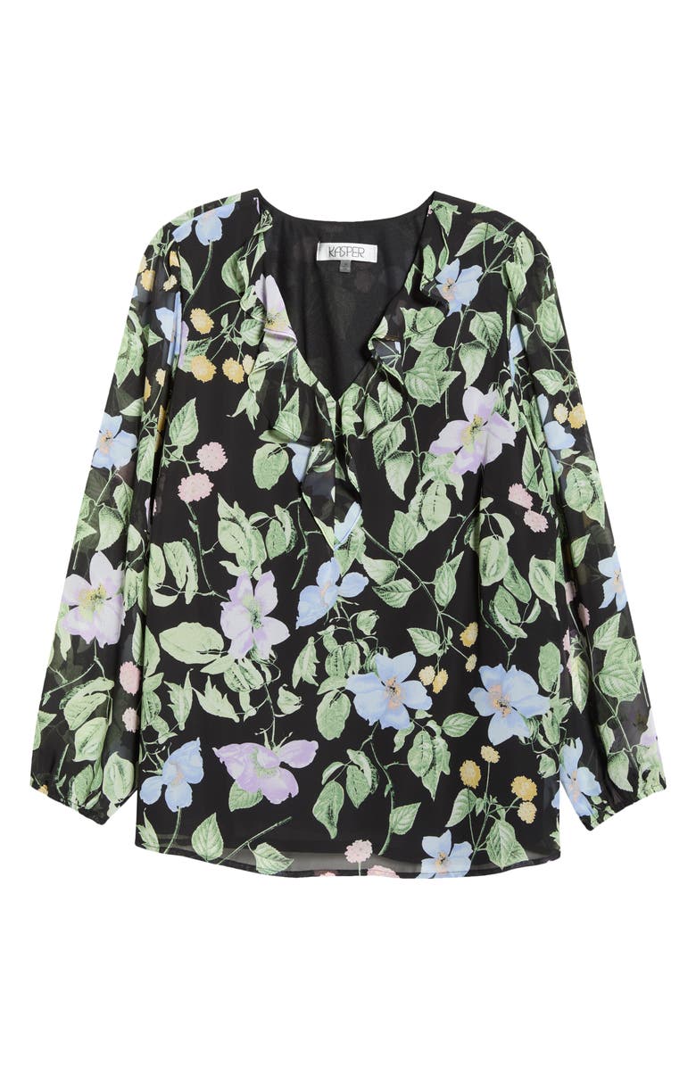KASPER Floral Print Ruffle Shirt, Alternate, color, Black Multi