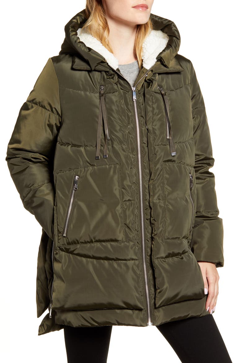 Faux Shearling Lined Puffer Coat, Alternate, color, OLIVE