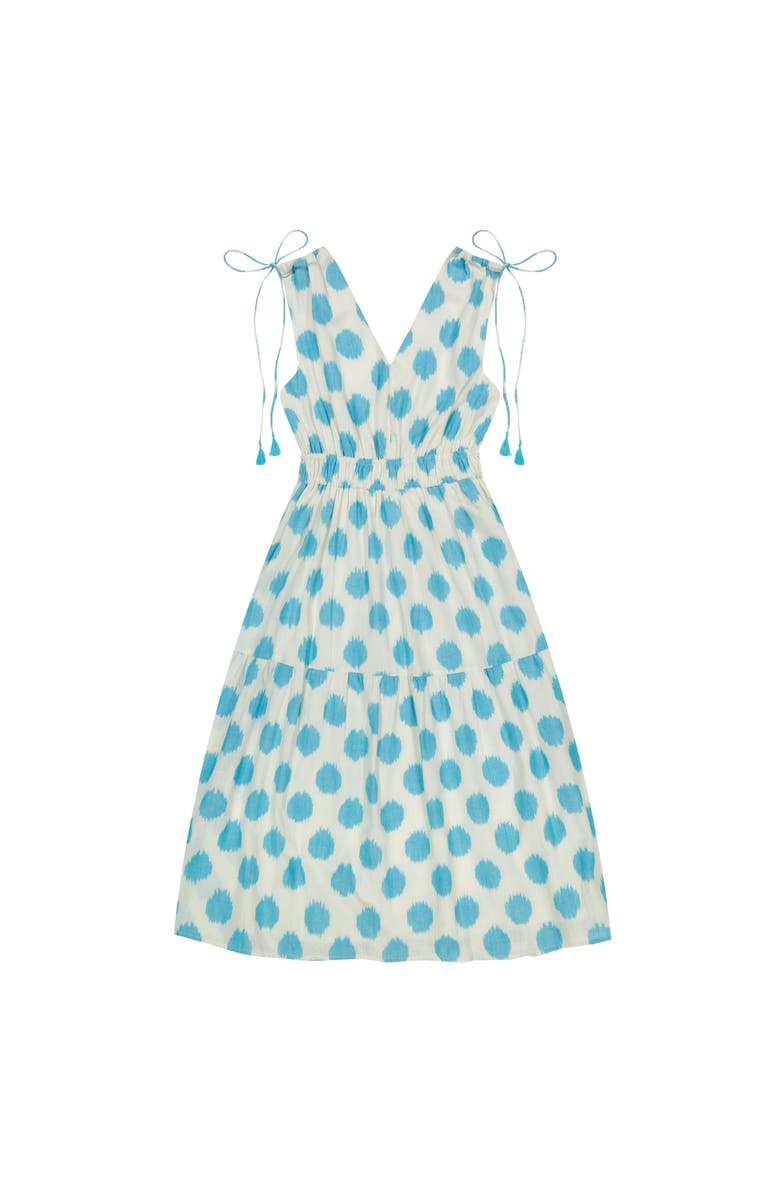 Mer St. Barth Noemie Women's Ruched Shoulder Tie Maxi Dress Cream Aqua Ikat, Main, color, 