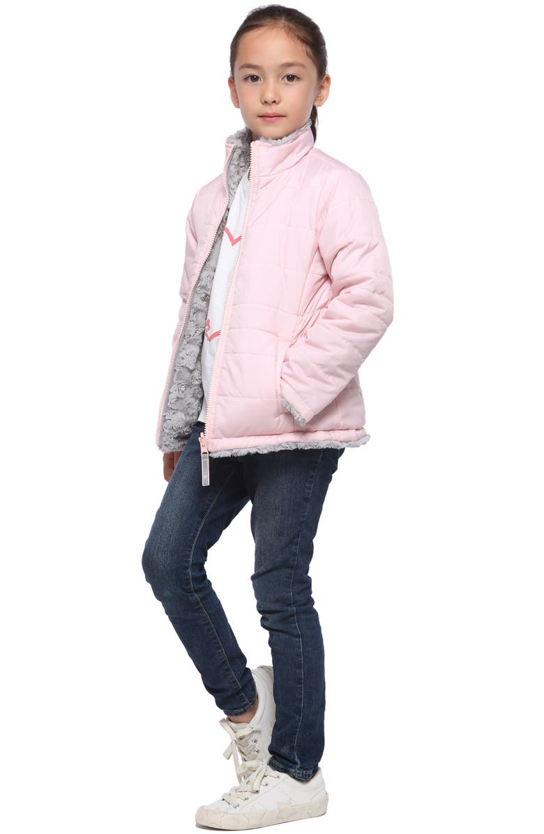 Rokka&Rolla Kids' Reversible Fleece Puffer Jacket, Alternate, color, Frost Gray/ Chalk Pink