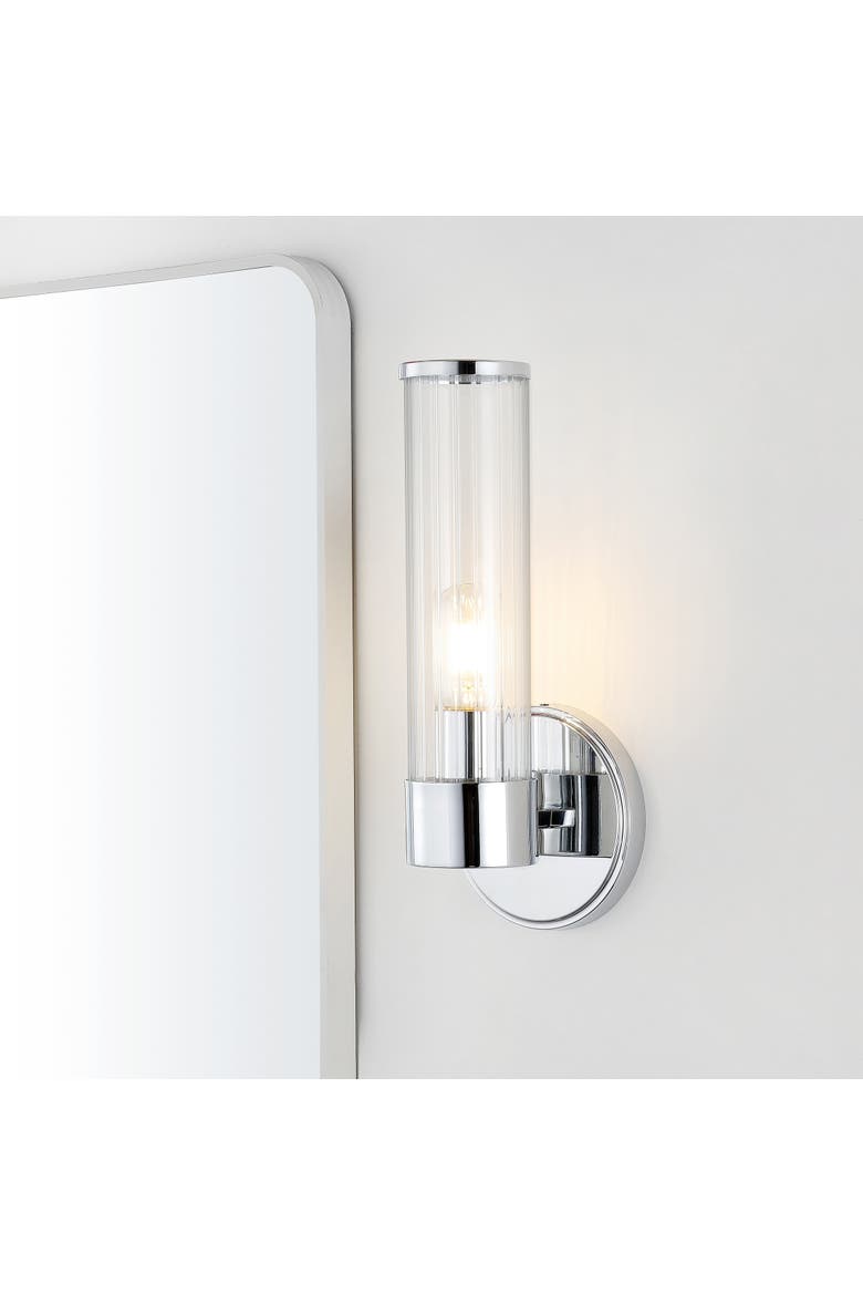Cecil 1-Light Tall Cylinder Iron/Striped Glass Modern Mid-Century LED Vanity, Alternate, color, Chrome with clear shade