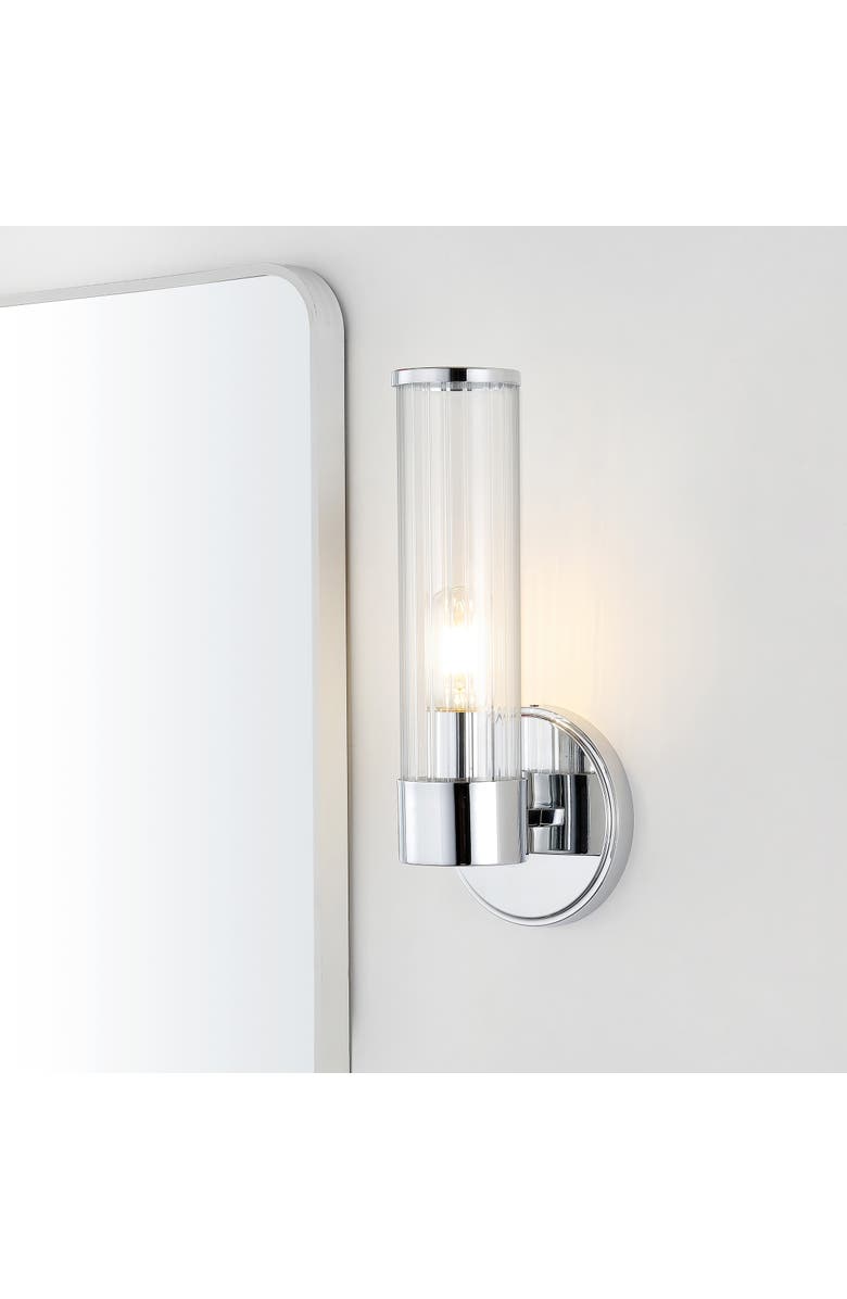 JONATHAN Y Cecil 1-Light Tall Cylinder Iron/Striped Glass Modern Mid-Century LED Vanity, Alternate, color, Chrome With Clear Shade