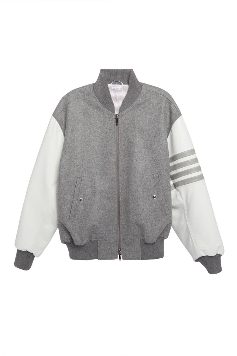 4-Bar Oversize Wool & Leather Bomber Jacket, Alternate, color, MEDIUM GREY