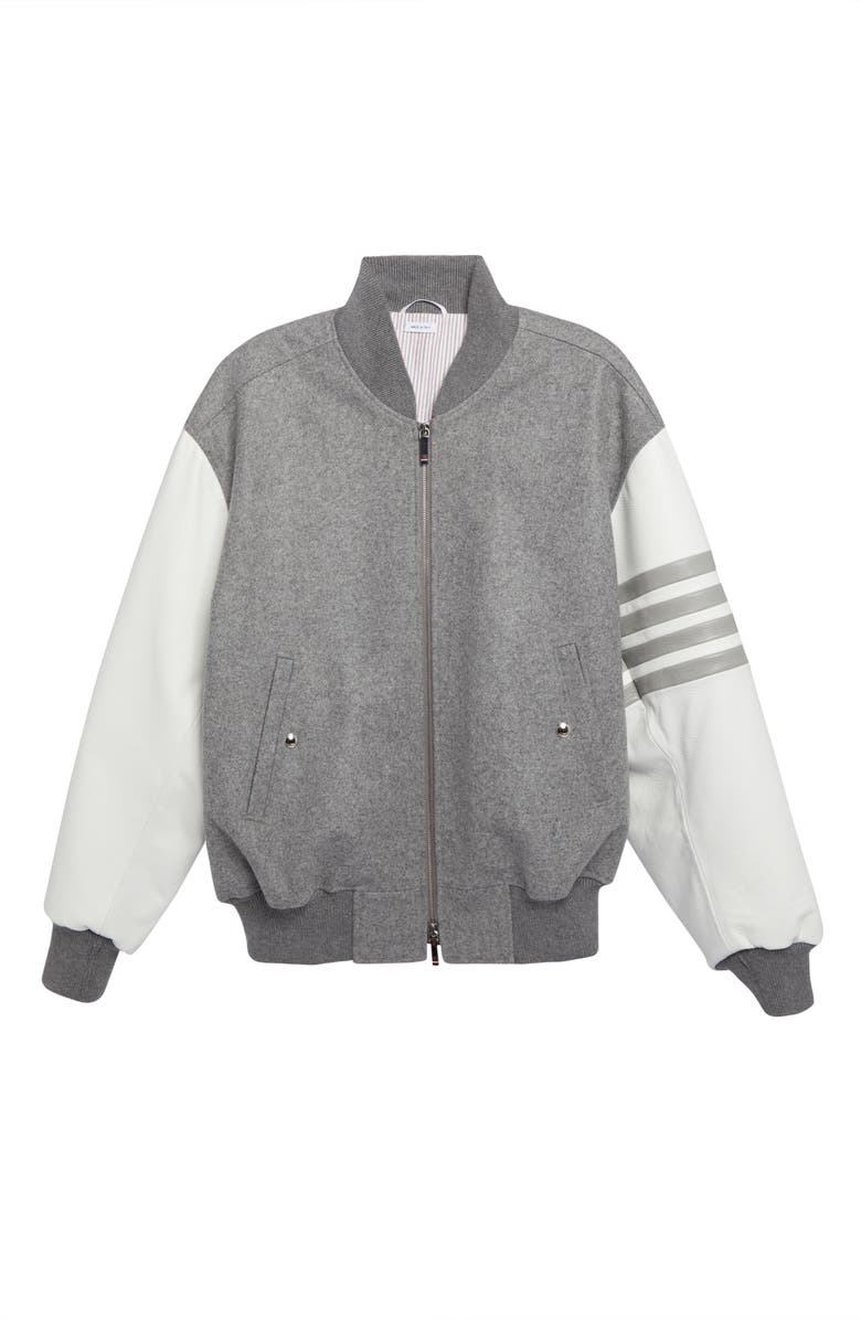 Thom Browne 4-Bar Oversize Wool & Leather Bomber Jacket, Alternate, color, 