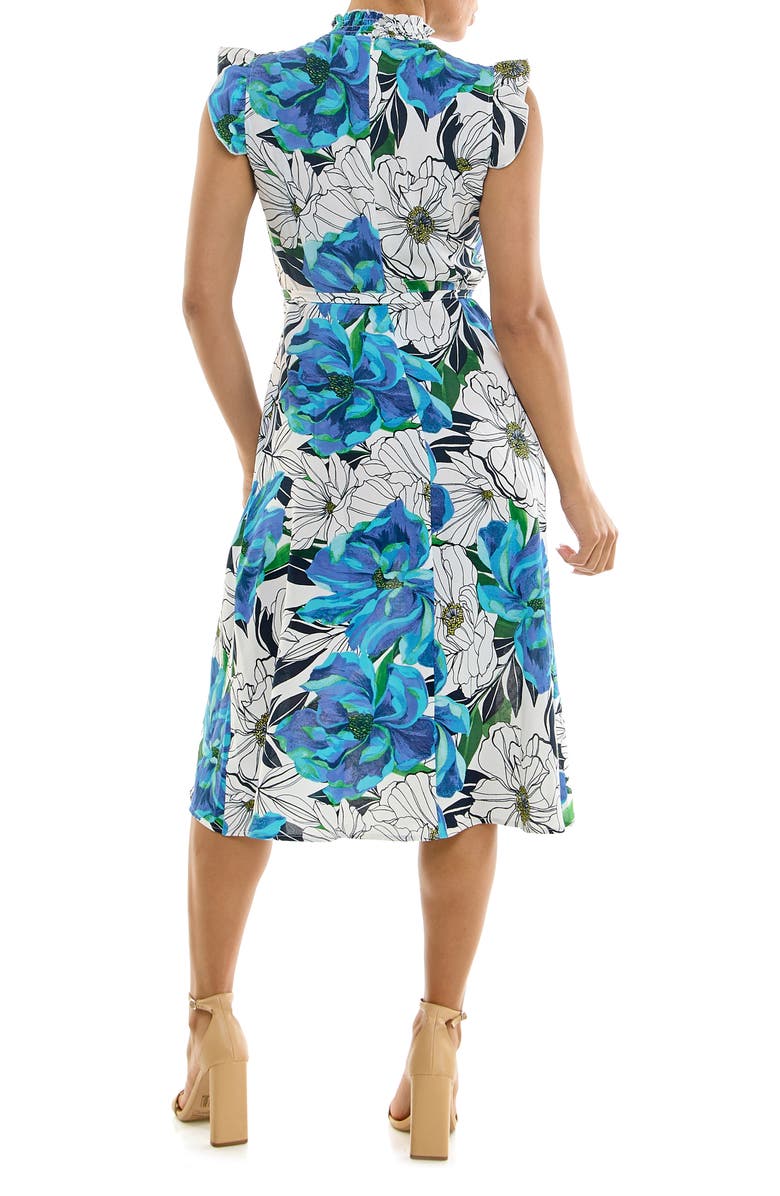 Nina Leonard Smocked Neck Tie Waist Midi Dress, Alternate, color, Navy/ Blue Multi