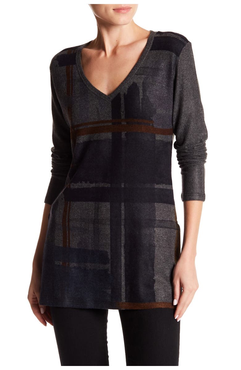 GO COUTURE Printed V-Neck Sweater, Main, color, Charcoal Drk Blocks