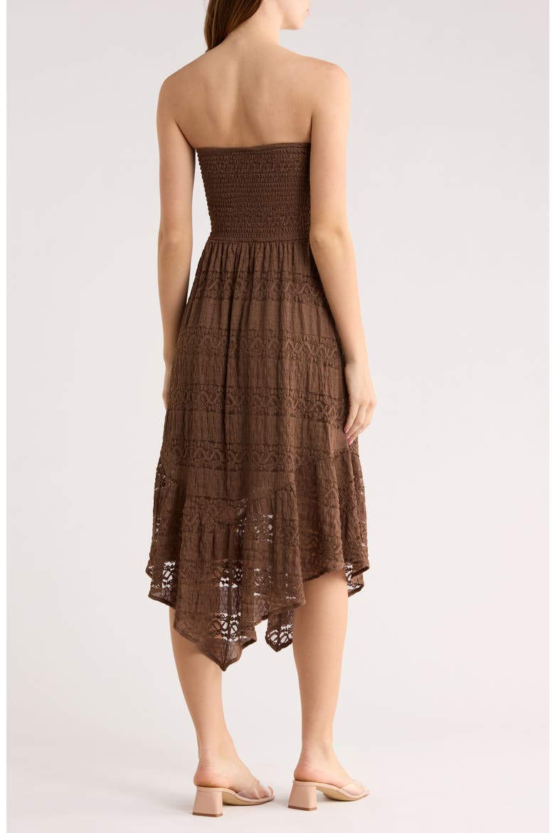 Strapless Tiered Lace Midi Dress, Alternate, color, BROWN QUARTZ