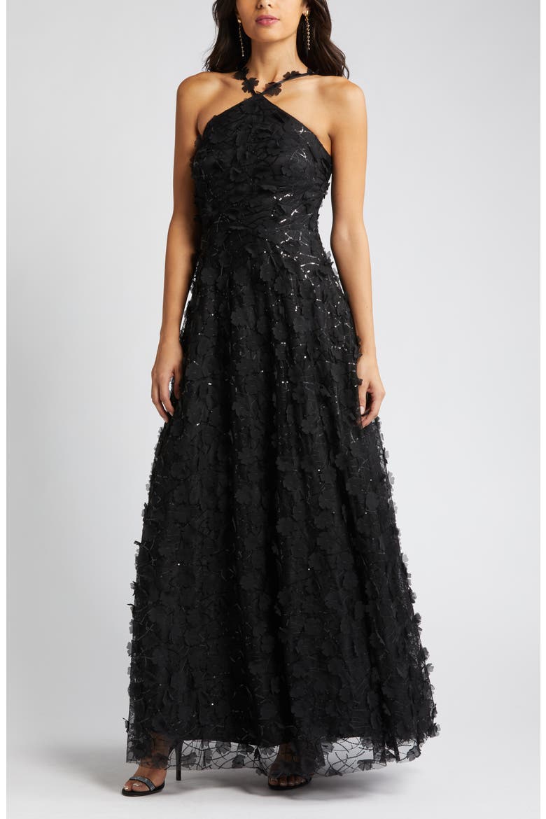 Floating Flow Floral Sequin Halter Ballgown, Alternate, color, BLACK