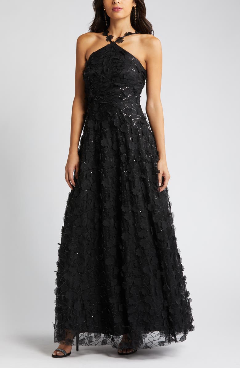 Eliza J Floating Flow Floral Sequin Halter Ballgown, Alternate, color, Black