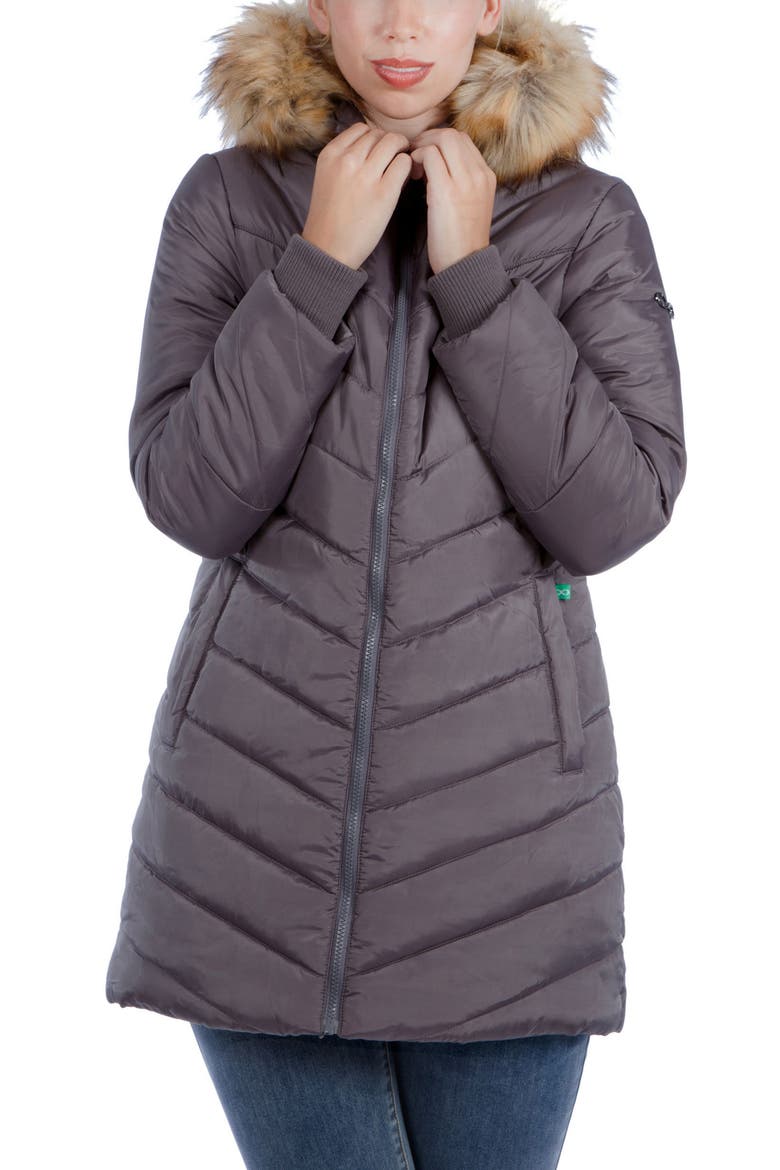 Faux Fur Trim Convertible Puffer 3-in-1 Maternity Jacket, Main, color, DARK GREY