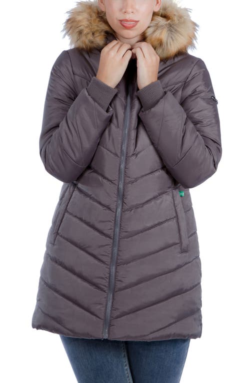 Modern Eternity Faux Fur Trim Convertible Puffer 3-in-1 Maternity Jacket in Dark Grey