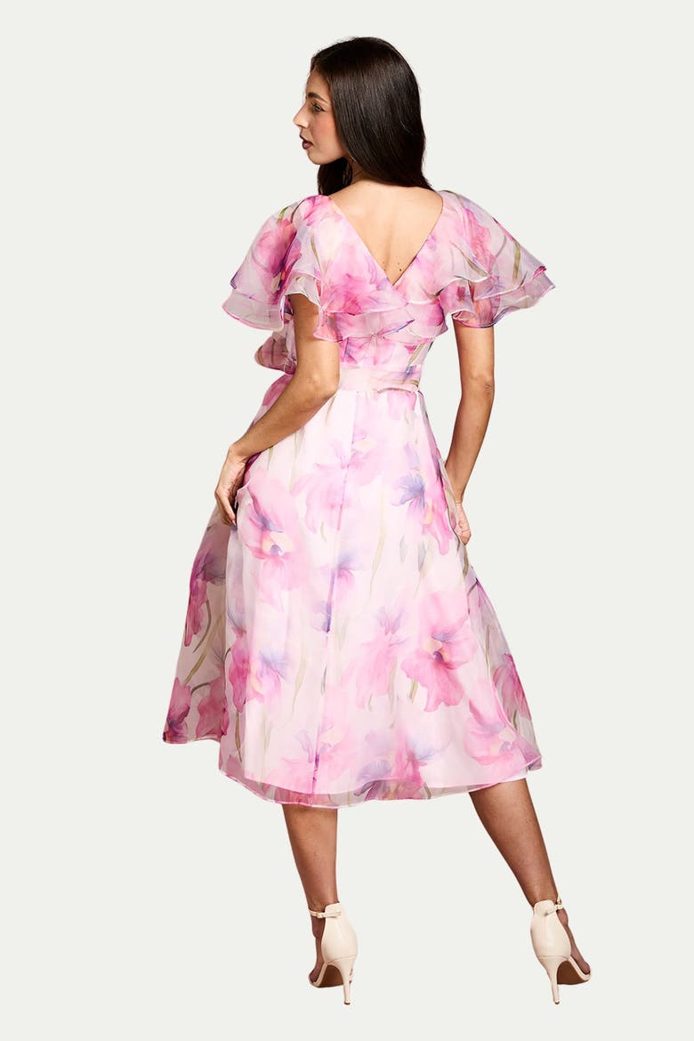 Printed Organza Ruffle Sleeve Midi Dress, Alternate, color, Pink
