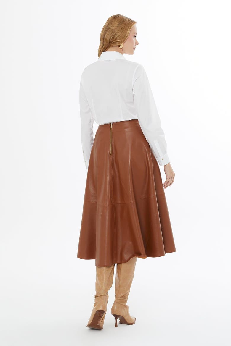 Lambskin Leather Flared Skirt with Back Zip, Alternate, color, Brown