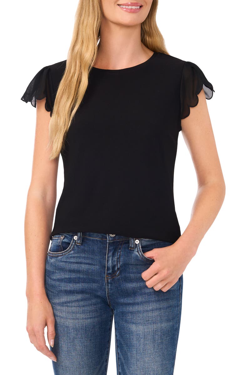 CeCe Scallop Sleeve Mixed Media Top, Main, color,