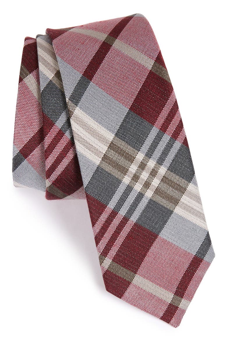 Plaid Silk & Linen Tie, Main, color, BURGUNDY