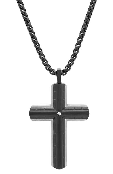 Men's Black IP Stainless Steel Cross Pendant Necklace