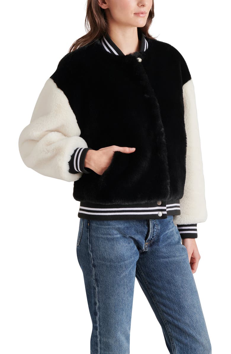 Steve Madden Faux Fur Varsity Jacket, Alternate, color,