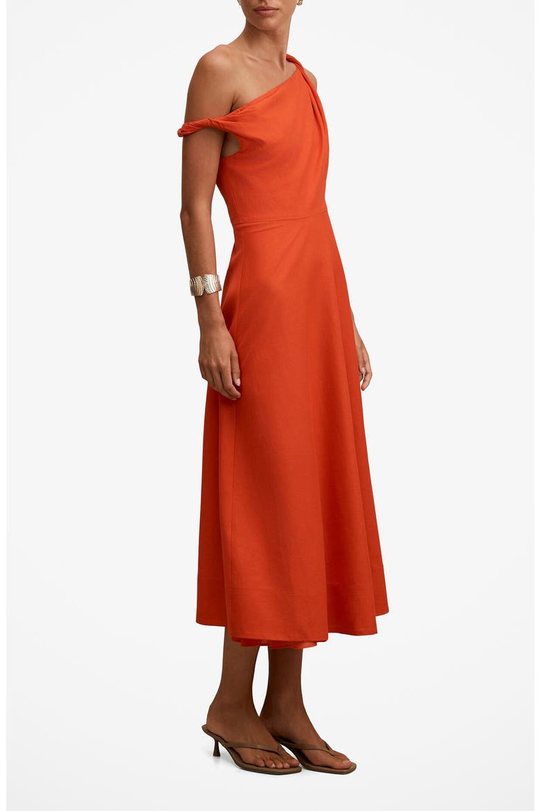 Vinetta One-Shoulder Linen Blend Midi Dress, Alternate, color, SPICY ORANGE