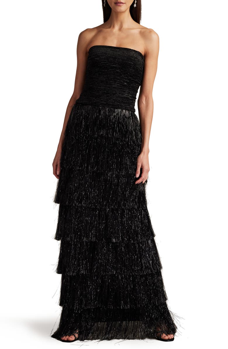 SHO by Tadashi Shoji Strapless Metallic Fringe Gown, Main, color, Black