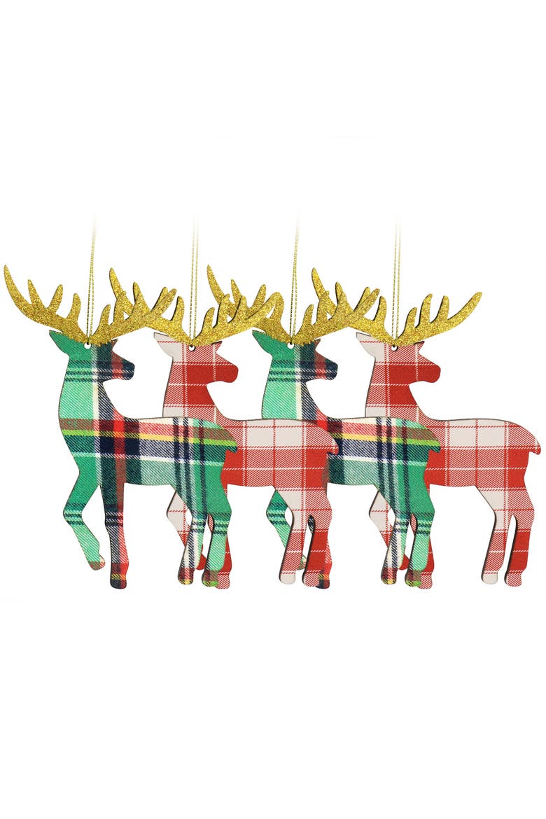 Holiday Reindeer Ornament 4 Piece Set in Red and Green, Main, color, Red