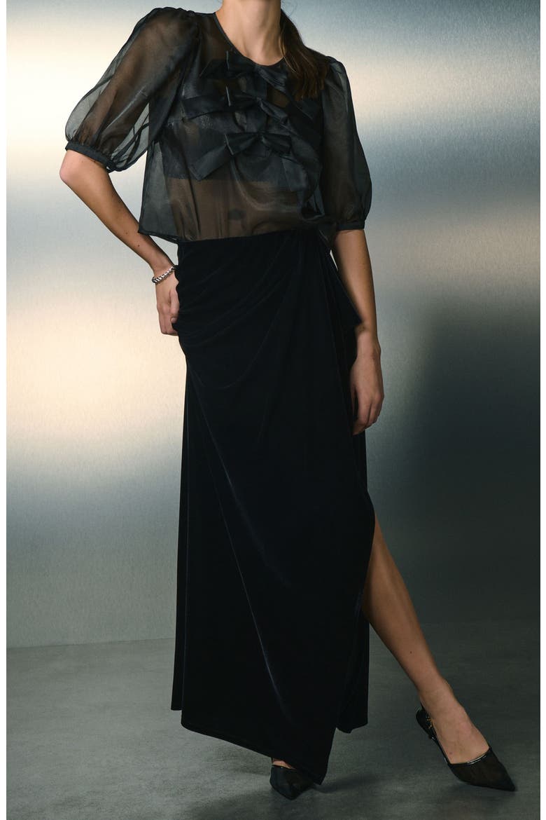 Velvet Drape Front Maxi Skirt, Alternate, color, BLACK