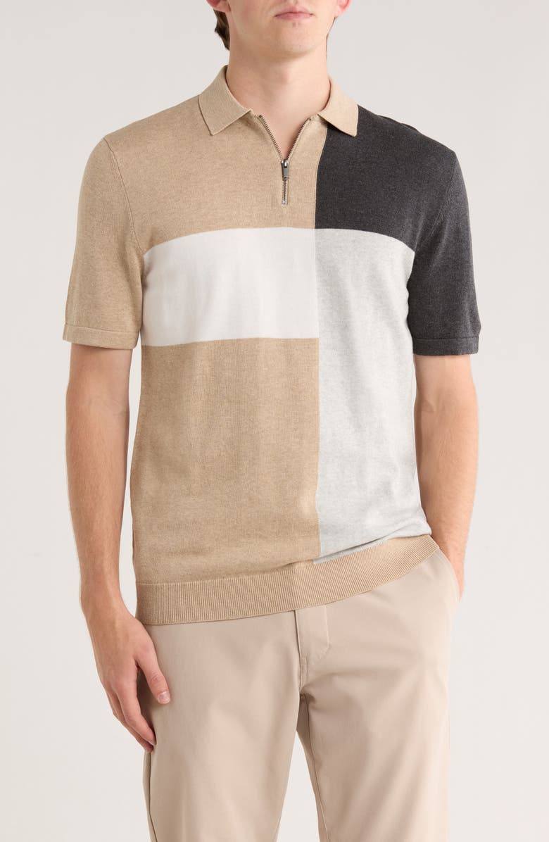 DENIM AND FLOWER Colorblocked Quarter Zip Polo, Main, color, Sand