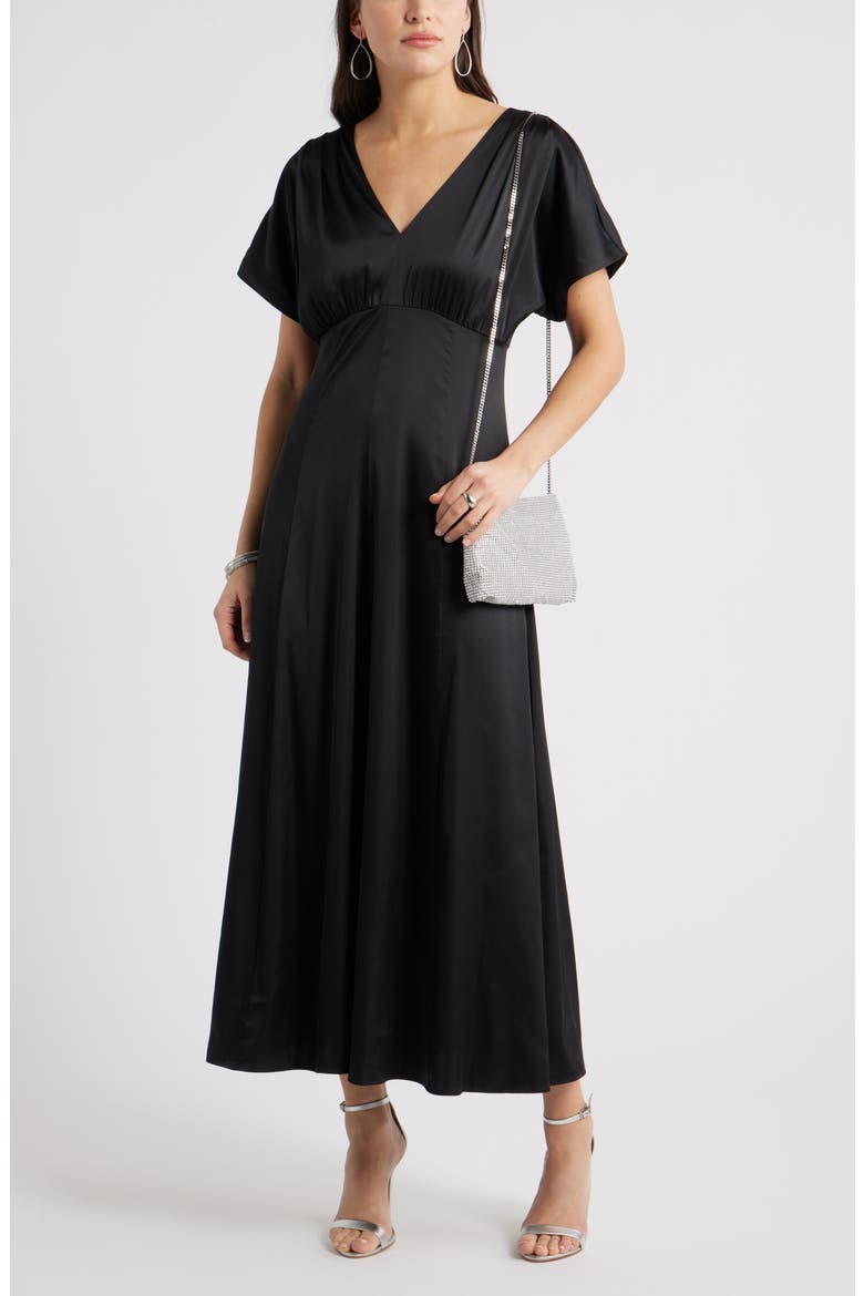 Seamed Stretch Satin Maxi Dress, Alternate, color, BLACK