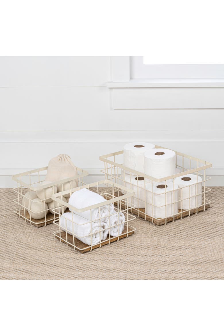 Evvie Vintage Farmhouse Handmade Wire Metal Nesting Storage Baskets with Wood Base, Alternate, color, Almond/Natural