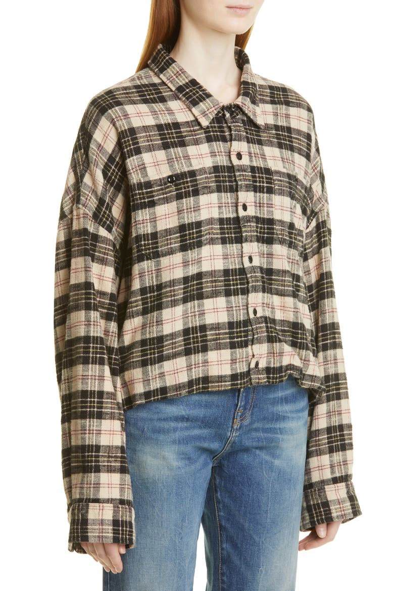 Oversize Plaid Gathered Hem Work Shirt, Alternate, color, BEIGE/ BLACK PLAID
