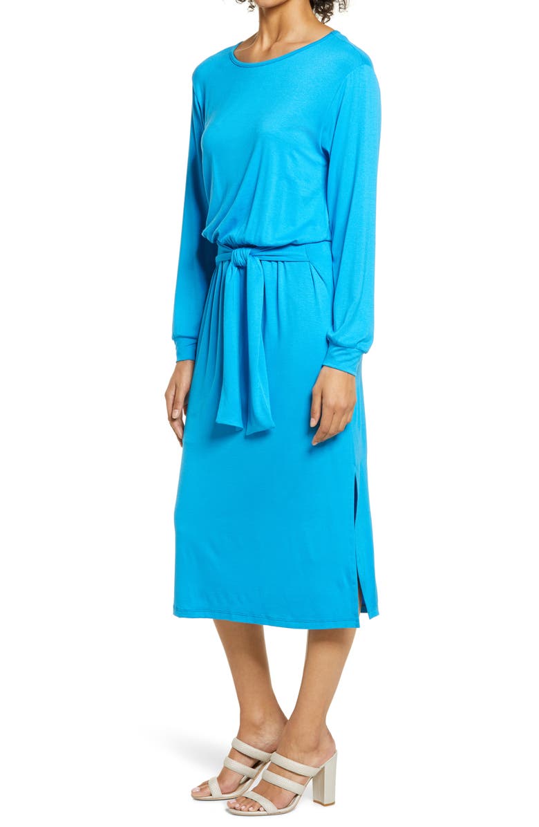 Fraiche by J Tie Waist Long Sleeve Midi Dress, Alternate, color, Blue