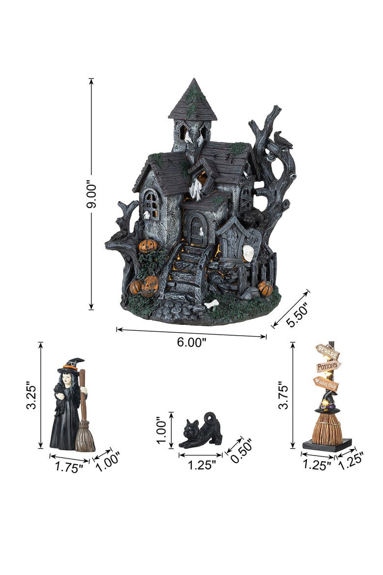 Set of 4 Halloween Lighted Resin Haunted House with Timer, Alternate, color, Black