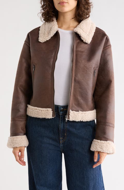 Faux Shearling Lined Faux Leather Crop Jacket