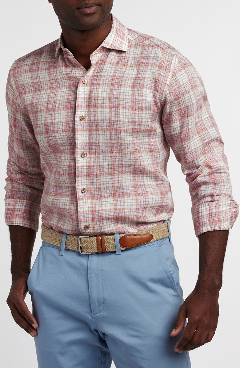 David Donahue Linen Check Sport Shirt, Alternate, color, Red/ Multi