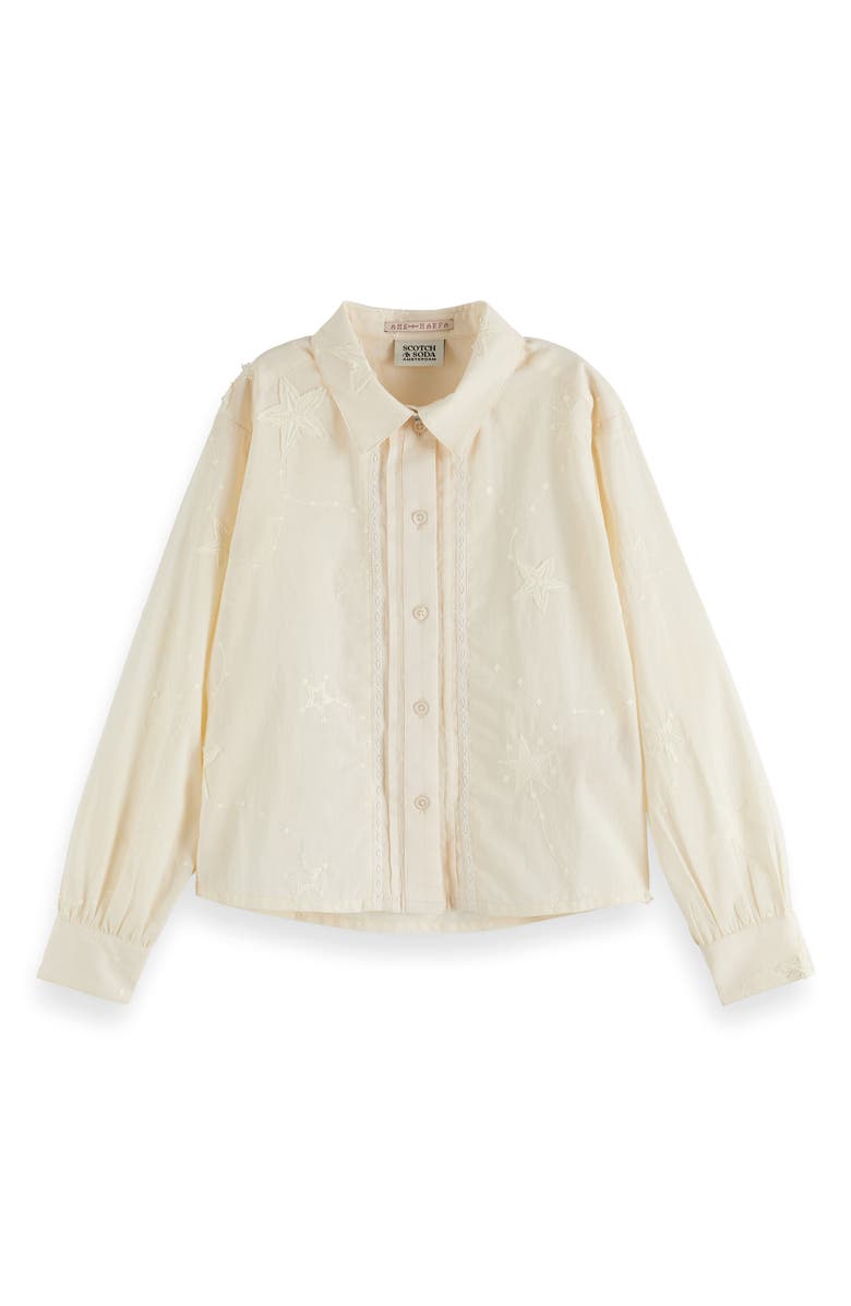 Scotch & Soda Kids' Star Embroidered Cotton Button-Up Shirt, Main, color, Eggnog