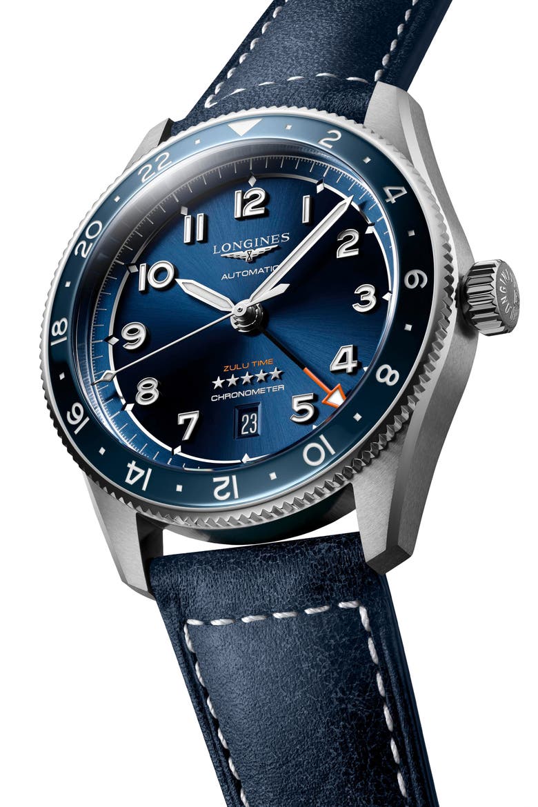 Spirit Zulu Time Leather Strap Watch, 42mm, Alternate, color, BLUE