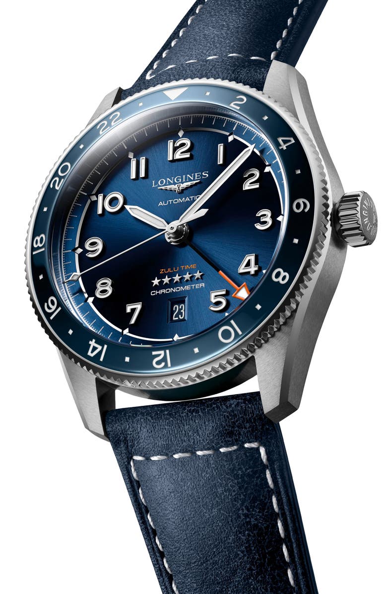 Longines Spirit Zulu Time Leather Strap Watch, 42mm, Alternate, color, Blue