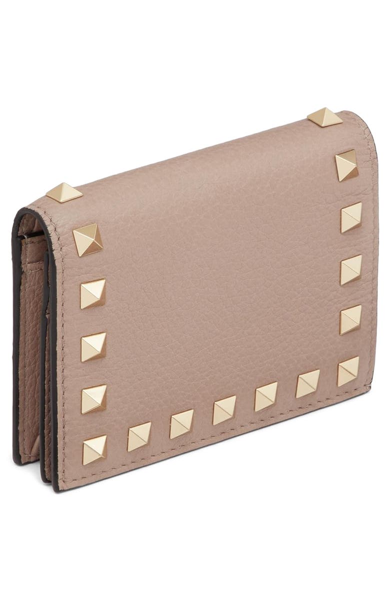 Valentino Garavani Rockstud Leather Bifold French Wallet, Alternate, color, Poudre