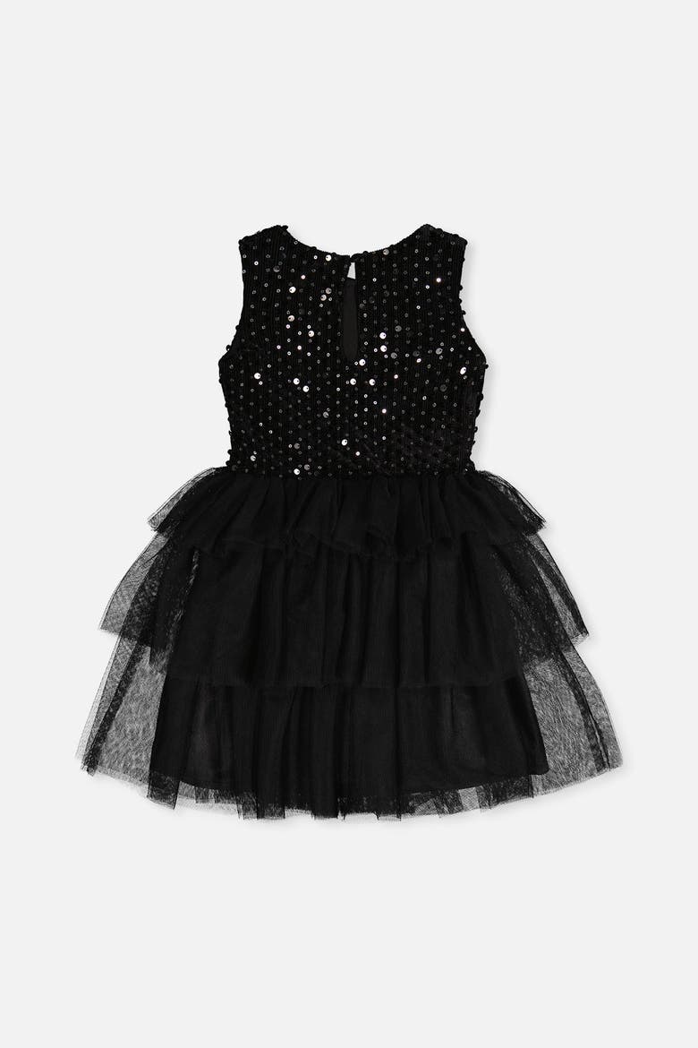 Bi-Material Sparkle Velour Tiered Mesh Sleeveless Dress, Alternate, color, Black