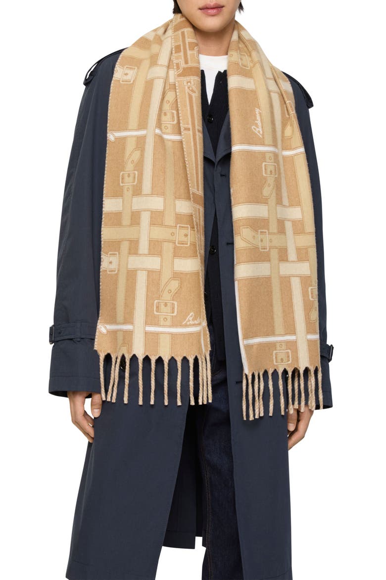 Belt Jacquard Cashmere Fringe Scarf, Alternate, color, SAND