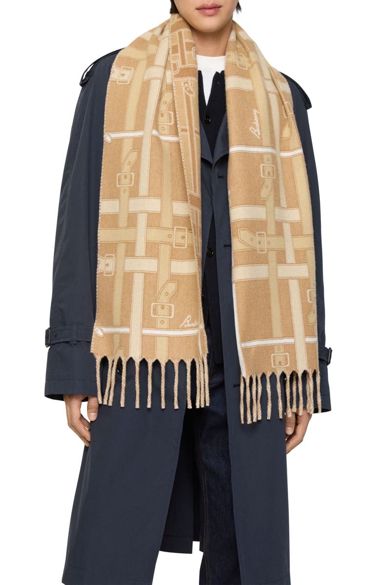 Burberry Belt Jacquard Cashmere Fringe Scarf, Alternate, color, Sand