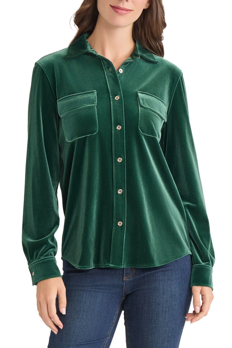 Velour Button-Up Utility Shirt, Main, color, DARK FOREST GREEN