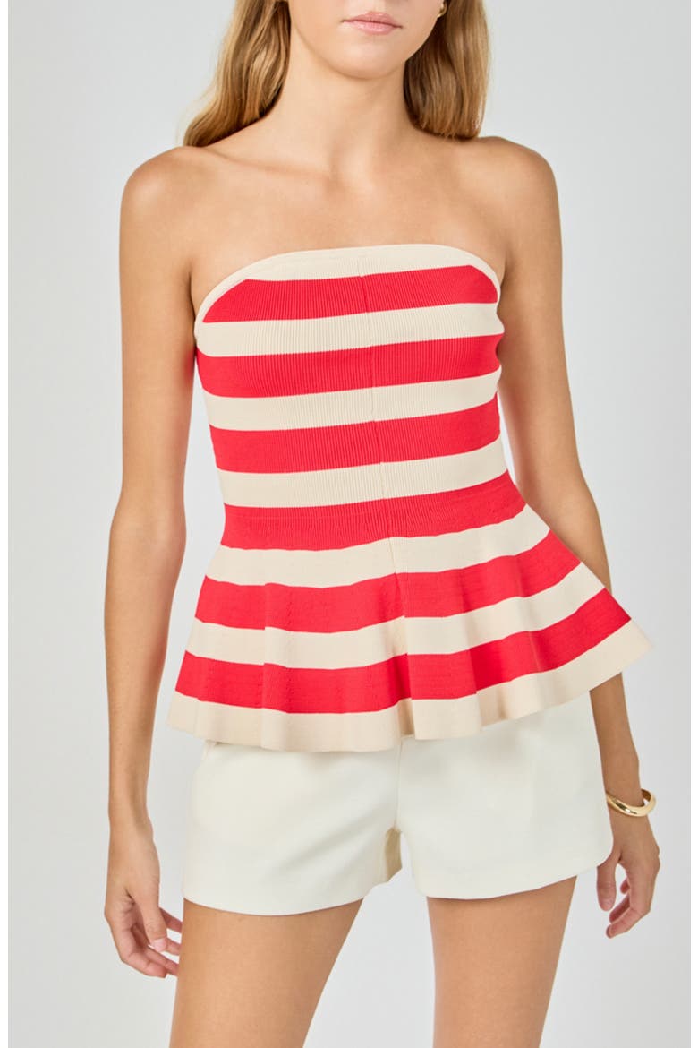 Stripe Strapless Knit Peplum Top, Main, color, RED/ CREAM