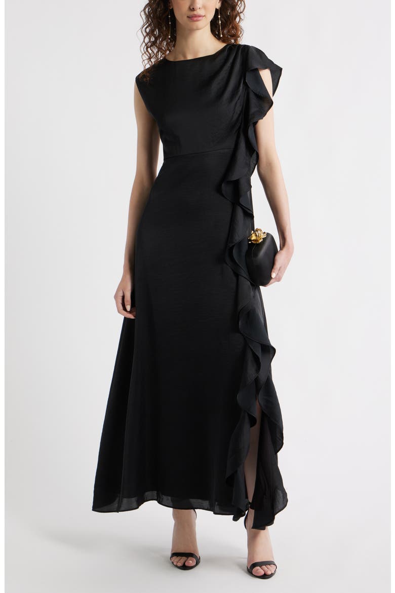 Asymmetric Ruffle A-Line Dress, Main, color, BLACK