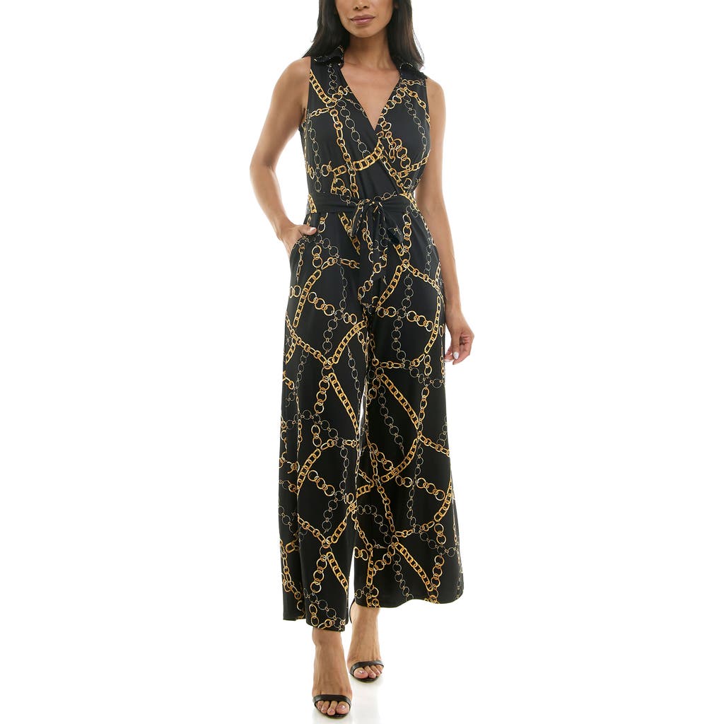 Nina Leonard Sleeveless Faux Wrap Jumpsuit In Black