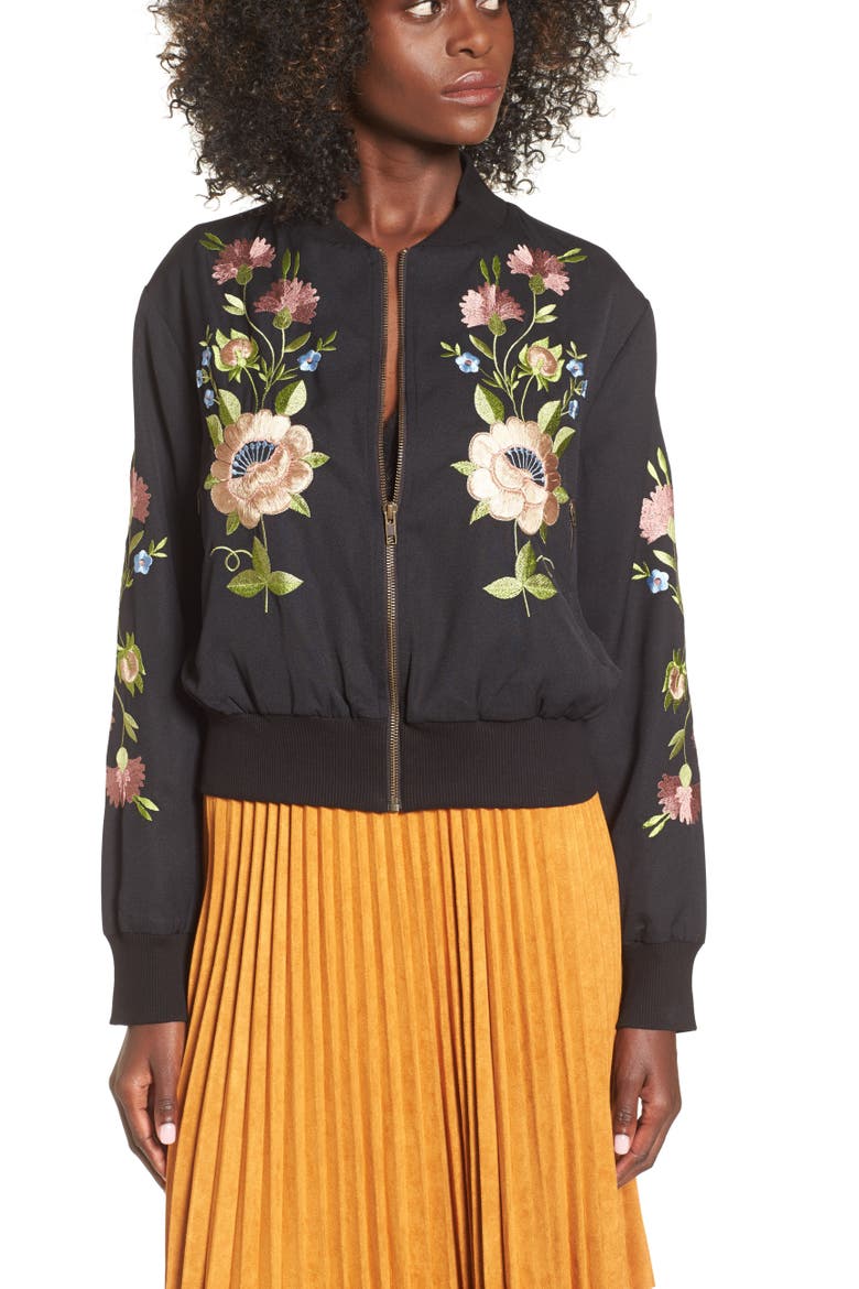 Floral Embroidered Bomber Jacket, Alternate, color, BLACK