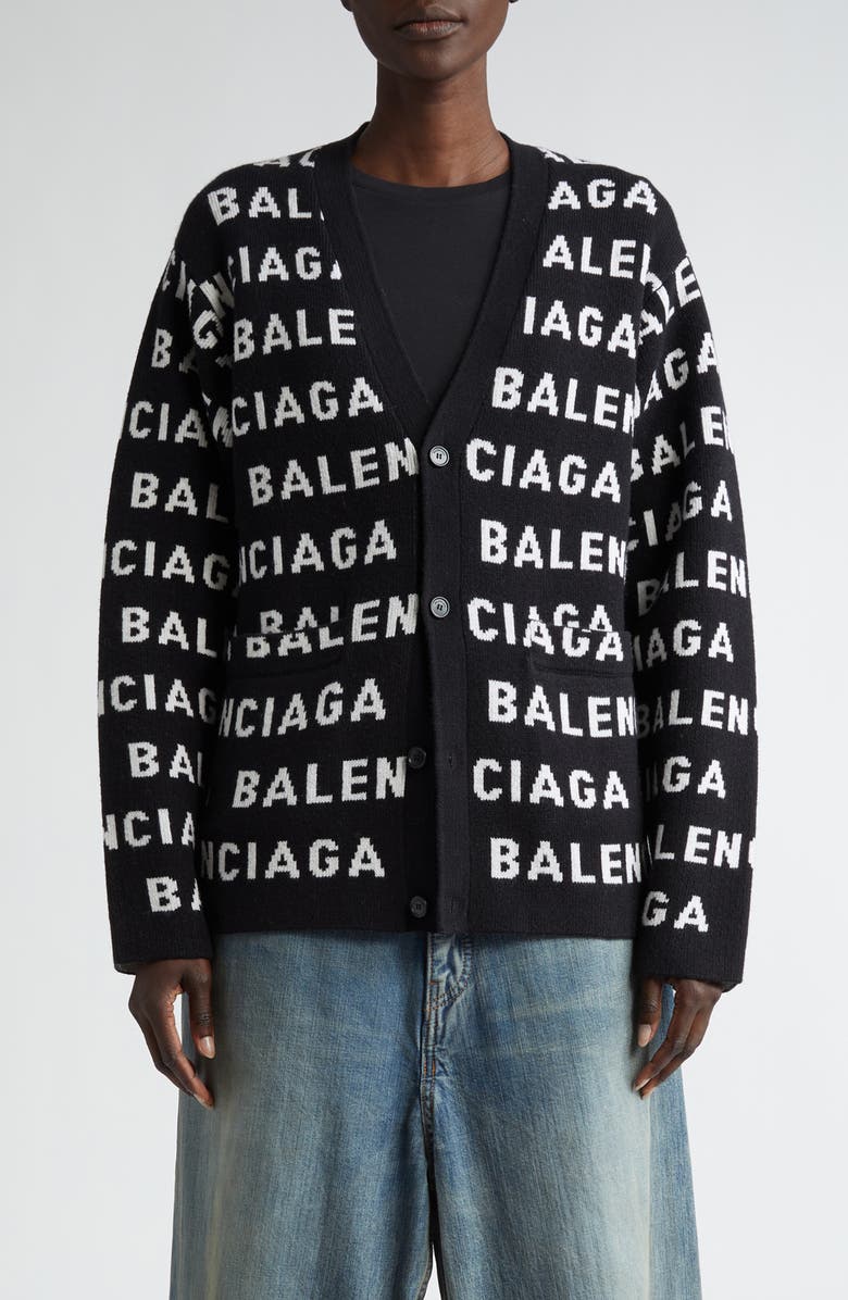 Balenciaga Logo Jacquard Wool Blend V-Neck Cardigan, Main, color, 