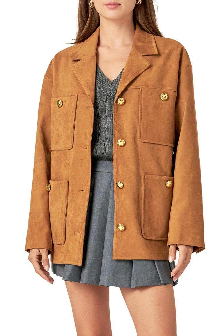 Padded Shoulder Stretch Faux Suede Jacket, Main, color, CAMEL