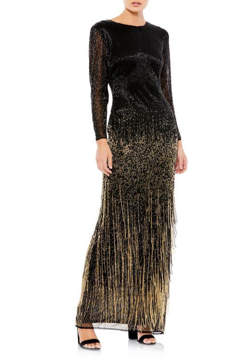 Long Sleeve Beaded Fringe Evening Gown
