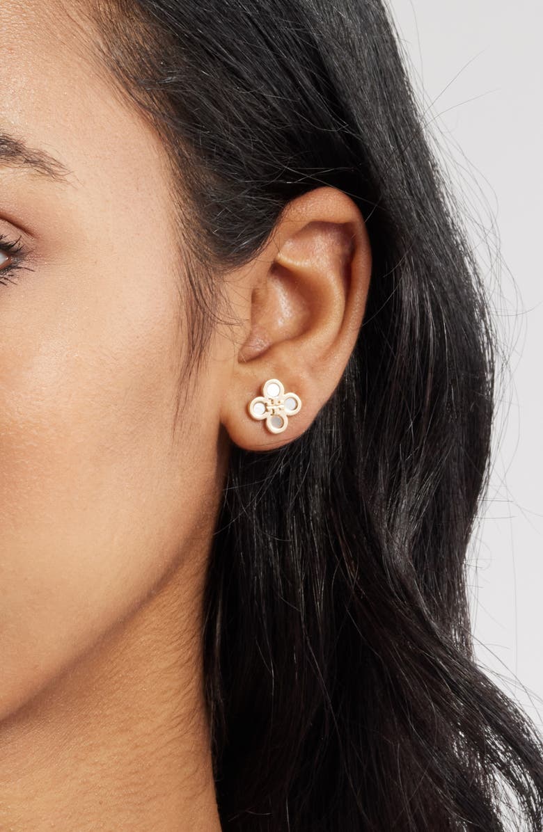 Tory Burch Kira Mother-of-Pearl Clover Stud Earrings, Alternate, color, Tory Gold / Mother Of Pearl