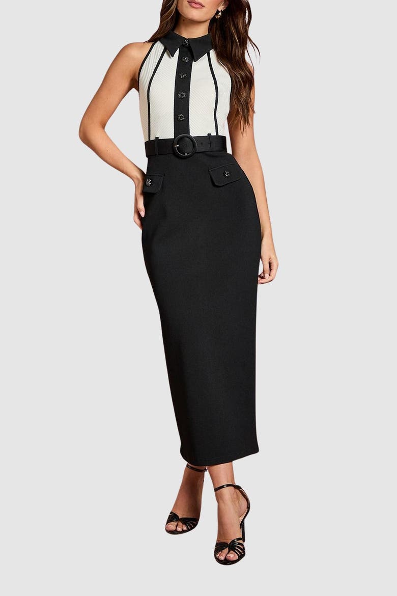 Collard Bandage Belted Pencil Dress, Alternate, color, Mono